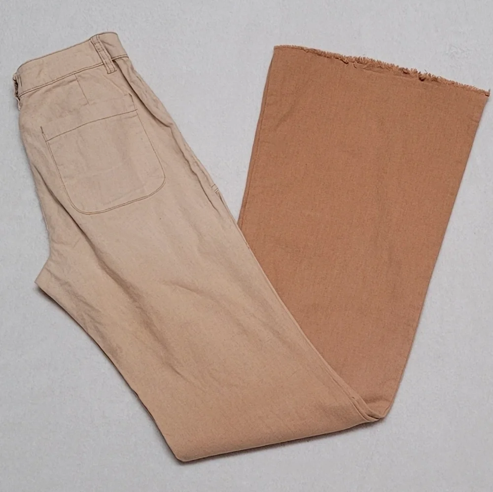Rare Free People Beige Tan Ombre Linen Low Rise Raw Cut Bell Bottom Jeans